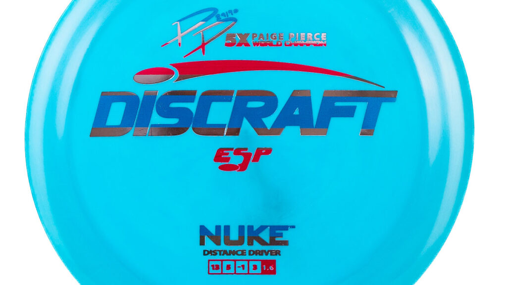 A blue Discraft Nuke disc golf driver in ESP plastic.
