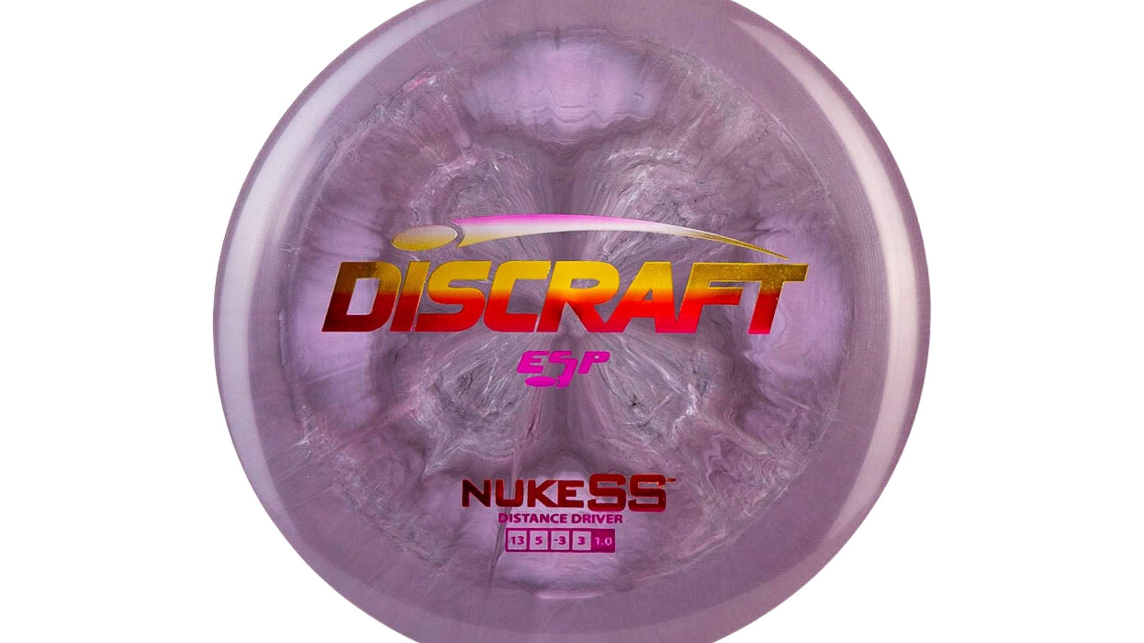 A purple Discraft ESP Nuke SS with a Sunset colored stamp