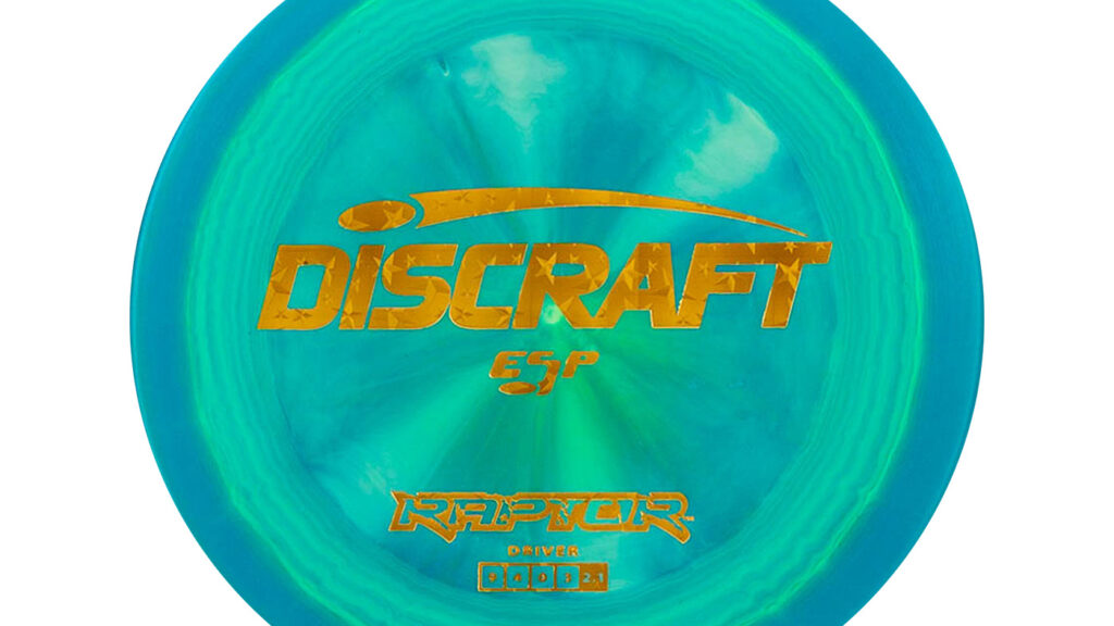 A Discraft ESP Raptor with teal-ish and green metallic color with gold stamp